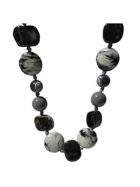 Handmade Ceramic Beaded Necklace Grey Ribbon Tie Closure Black White Beads